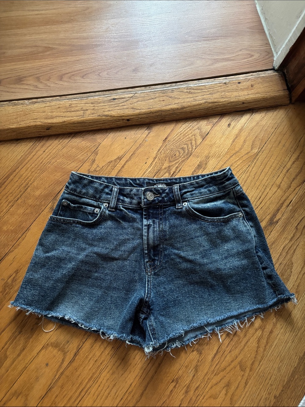 Mid-Dark Wash Frayed Hem Denim Shorts - Women's